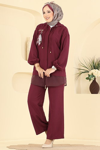 moda selvim Fermuarlı Fular Detaylı 2 li Takım 2943SL432 Bordo - Thumbnail