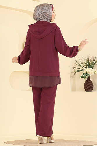 moda selvim Fermuarlı Fular Detaylı 2 li Takım 2943SL432 Bordo - Thumbnail