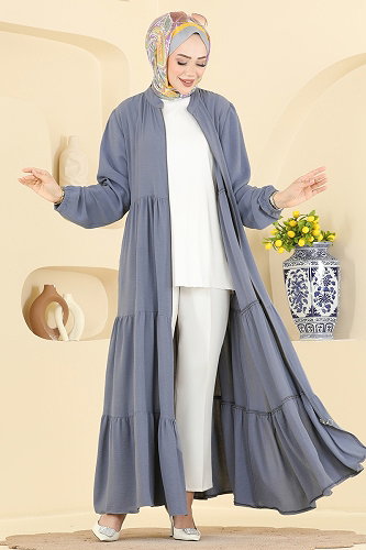 moda selvim Fermuarlı Katlı Modern Ferace 3852ORG1169 Gri - Thumbnail