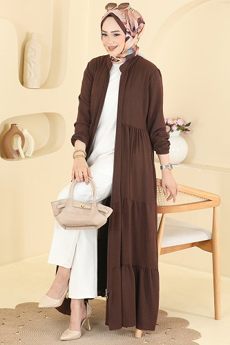 moda selvim Fermuarlı Katlı Modern Ferace 3852ORG1169 Kahve - Thumbnail