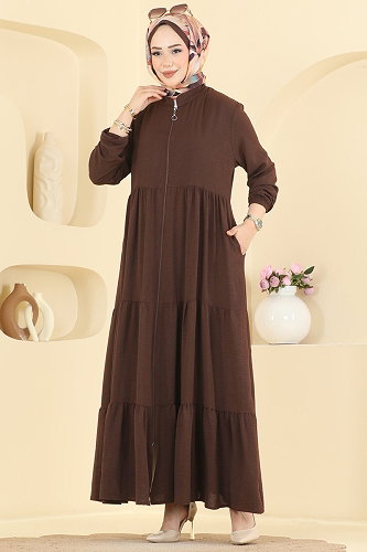 moda selvim Fermuarlı Katlı Modern Ferace 3852ORG1169 Kahve - Thumbnail