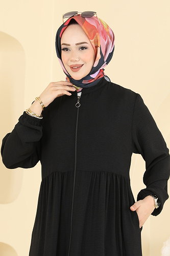 moda selvim Fermuarlı Katlı Modern Ferace 3852ORG1169 Siyah - Thumbnail