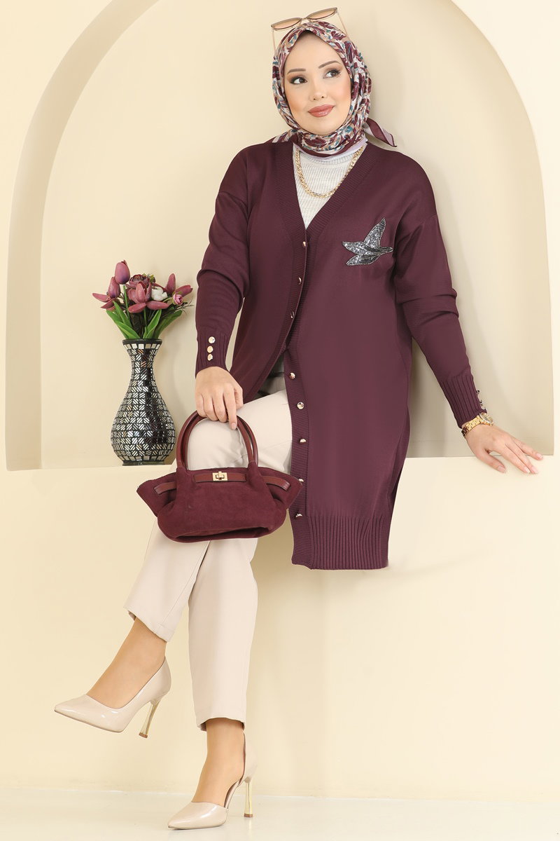 Figür Detaylı Merserize Hırka 3207UZ662 Bordo