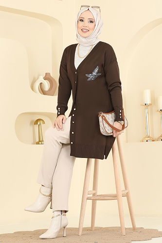 moda selvim Figür Detaylı Merserize Hırka 3207UZ662 Kahve - Thumbnail