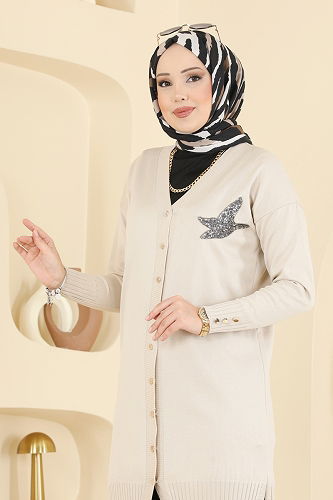 moda selvim Figür Detaylı Merserize Hırka 3207UZ662 Taş - Thumbnail