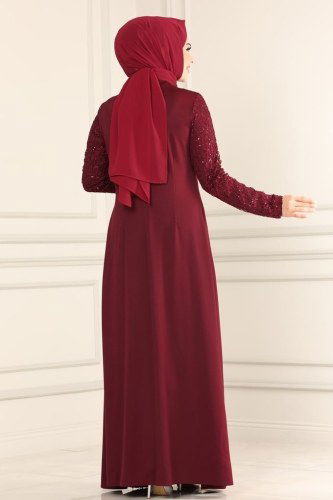 moda selvim Pul Payetli Tesettür Abiye ASM2546 Bordo - Thumbnail