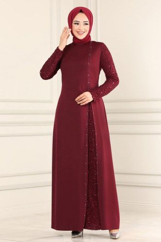 moda selvim Pul Payetli Tesettür Abiye ASM2546 Bordo - Thumbnail