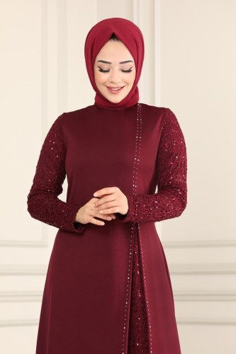 moda selvim Pul Payetli Tesettür Abiye ASM2546 Bordo - Thumbnail