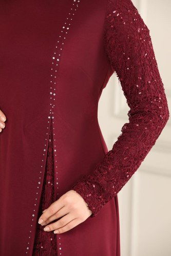 moda selvim Pul Payetli Tesettür Abiye ASM2546 Bordo - Thumbnail