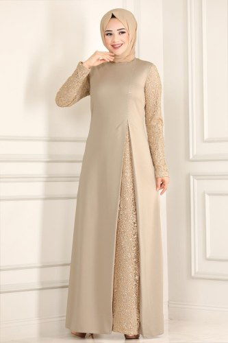 moda selvim Pul Payetli Tesettür Abiye ASM2546 Taş - Thumbnail