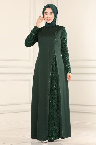 moda selvim Pul Payetli Tesettür Abiye ASM2546 Zümrüt - Thumbnail