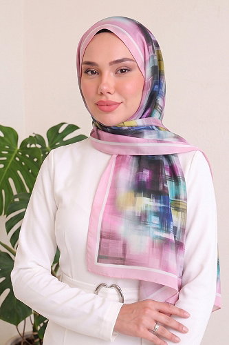 moda selvim Fırça Desen Vual Şal Serisi 134ARTK1207 Pembe - Thumbnail
