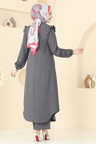 moda selvim Fırfır Detay İkili Takım 830OZN1046 Antrasit - Thumbnail