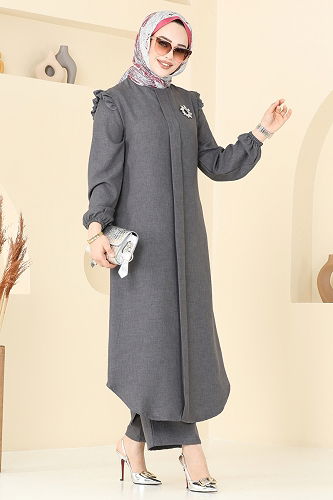 moda selvim Fırfır Detay İkili Takım 830OZN1046 Antrasit - Thumbnail