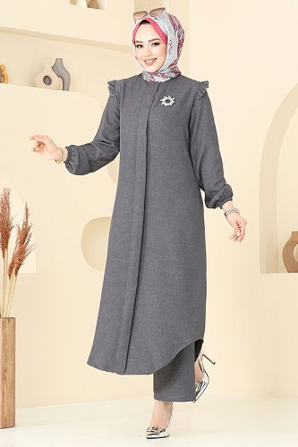 moda selvim Fırfır Detay İkili Takım 830OZN1046 Antrasit - Thumbnail