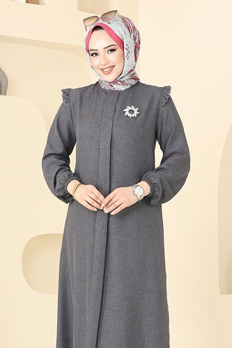 moda selvim Fırfır Detay İkili Takım 830OZN1046 Antrasit - Thumbnail