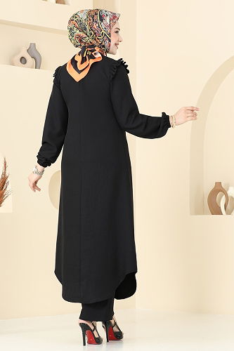 moda selvim Fırfır Detay İkili Takım 830OZN1046 Siyah - Thumbnail