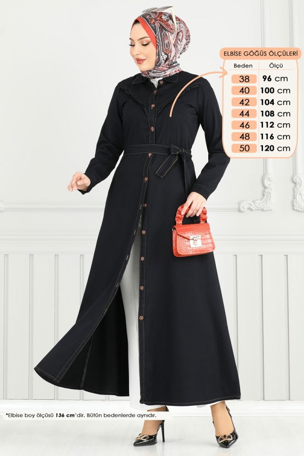 Modaselvim Elbise Fırfır Detay Kot Elbise 25023MTS1094 Siyah