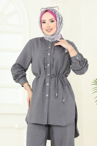 moda selvim Fırfır Detay Sofia Takım 022MR1078 Antrasit - Thumbnail