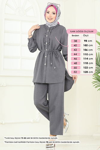 moda selvim Fırfır Detay Sofia Takım 022MR1078 Antrasit - Thumbnail