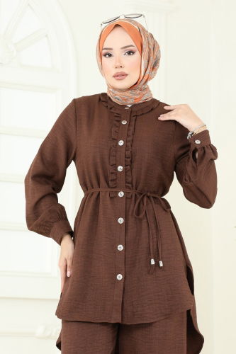 moda selvim Fırfır Detay Sofia Takım 022MR1078 Kahve - Thumbnail