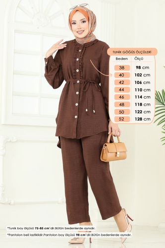 moda selvim Fırfır Detay Sofia Takım 022MR1078 Kahve - Thumbnail