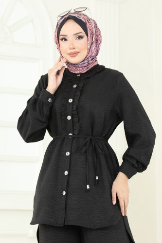 moda selvim Fırfır Detay Sofia Takım 022MR1078 Siyah - Thumbnail