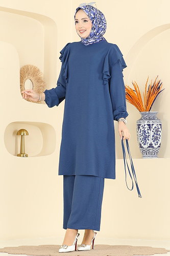 moda selvim Fırfır Detaylı 2 li Takım 5010MDA386 İndigo - Thumbnail