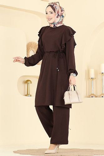 moda selvim Fırfır Detaylı 2 li Takım 5010MDA386 Kahve - Thumbnail