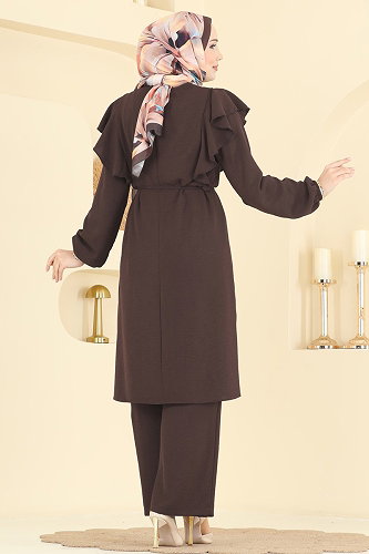 moda selvim Fırfır Detaylı 2 li Takım 5010MDA386 Kahve - Thumbnail