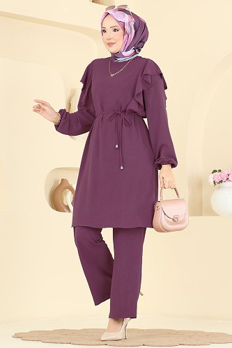 moda selvim Fırfır Detaylı 2 li Takım 5010MDA386 Koyu Lila - Thumbnail