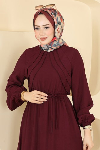 moda selvim Fırfır Detaylı Bağcıklı Elbise 394ASN888 Bordo - Thumbnail