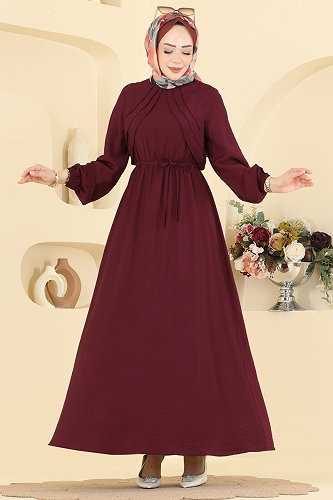 moda selvim Fırfır Detaylı Bağcıklı Elbise 394ASN888 Bordo - Thumbnail