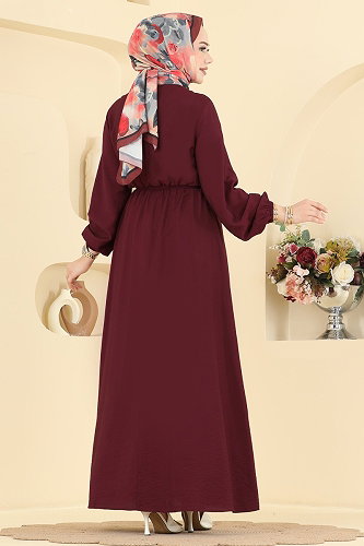 moda selvim Fırfır Detaylı Bağcıklı Elbise 394ASN888 Bordo - Thumbnail
