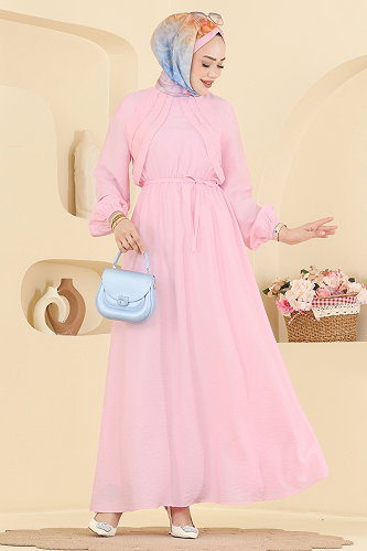 moda selvim Fırfır Detaylı Bağcıklı Elbise 394ASN888 Pembe - Thumbnail