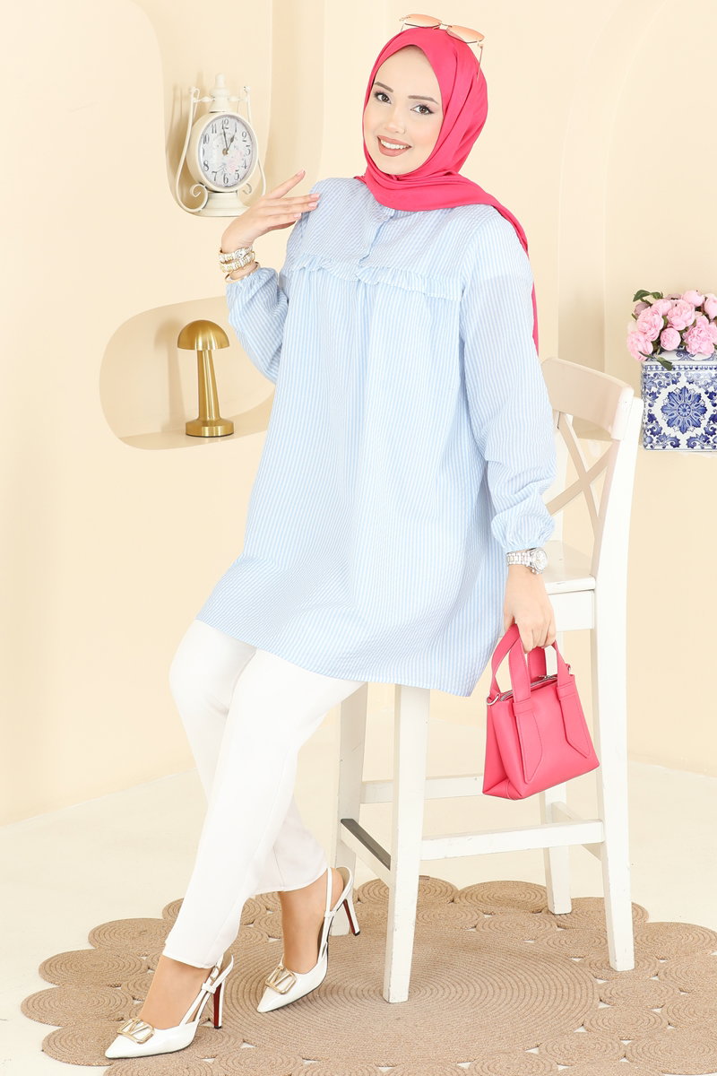 Fırfır Detaylı Çizgili Tunik 026MR1078 Bebe Mavisi