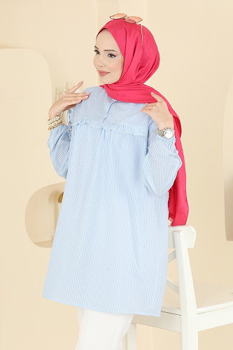 moda selvim Fırfır Detaylı Çizgili Tunik 026MR1078 Bebe Mavisi - Thumbnail