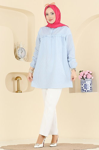 moda selvim Fırfır Detaylı Çizgili Tunik 026MR1078 Bebe Mavisi - Thumbnail