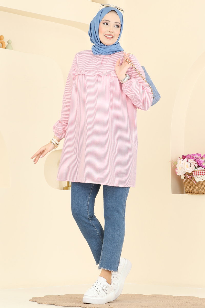 Fırfır Detaylı Çizgili Tunik 026MR1078 Pembe