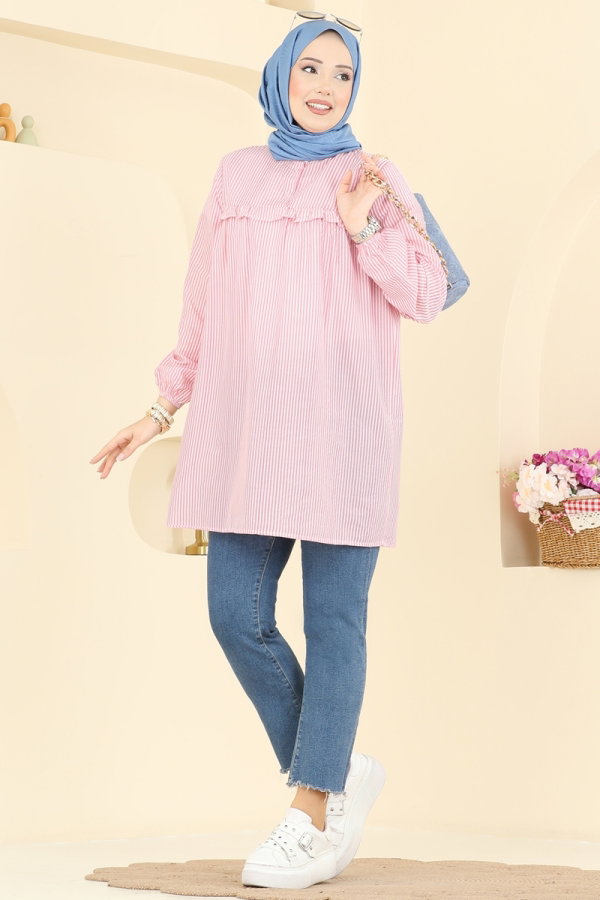 Modaselvim Tunik Fırfır Detaylı Çizgili Tunik 026MR1078 Pembe