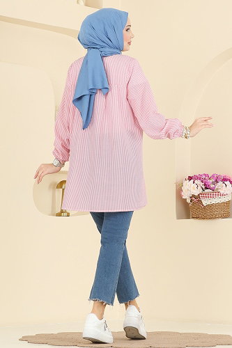 moda selvim Fırfır Detaylı Çizgili Tunik 026MR1078 Pembe - Thumbnail