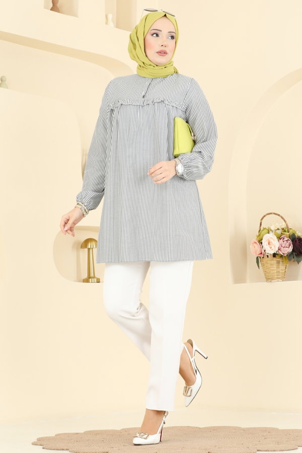 Modaselvim Tunik Fırfır Detaylı Çizgili Tunik 026MR1078 Siyah