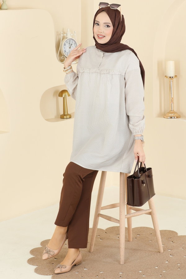 Modaselvim Tunik Fırfır Detaylı Çizgili Tunik 026MR1078 Vizyon