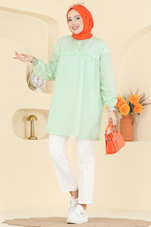 Modaselvim Tunik Fırfır Detaylı Çizgili Tunik 026MR1078 Yeşil