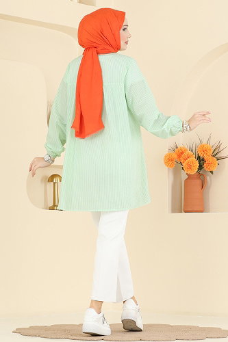 moda selvim Fırfır Detaylı Çizgili Tunik 026MR1078 Yeşil - Thumbnail