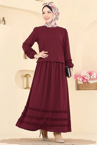 moda selvim Fırfır Detaylı Dokuma Takım 103NZRK1200 Bordo - Thumbnail