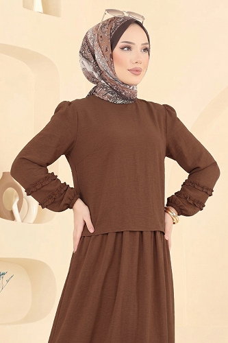 moda selvim Fırfır Detaylı Dokuma Takım 103NZRK1200 Kahve - Thumbnail