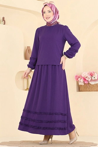 moda selvim Fırfır Detaylı Dokuma Takım 103NZRK1200 Mor - Thumbnail