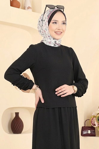 moda selvim Fırfır Detaylı Dokuma Takım 103NZRK1200 Siyah - Thumbnail