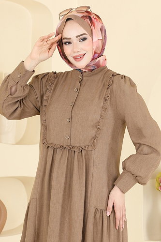 moda selvim Fırfır Detaylı Düğmeli Elbise 24037UKB139 Koyu Vizyon - Thumbnail